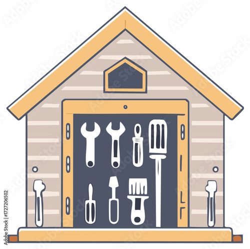 Illustration of a workshop shed with various tools displayed inside.