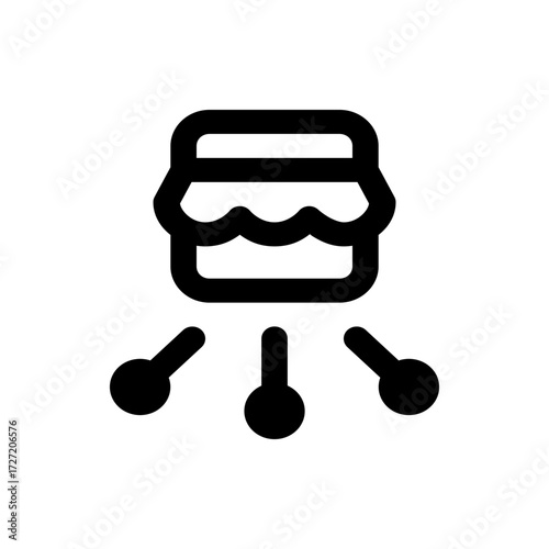 A simple black and white icon depicting a store front with lines radiating outward representing distribution