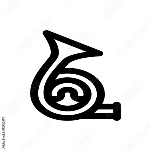 A stylized black and white illustration of a french horn musical instrument with a simple design style