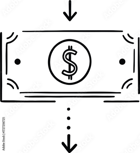 Money Flow Icon Vector Featuring Dollar Bill with Downward Arrows and Percentage Symbol in Black Line Art Style