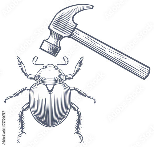 Hammer hovering above engraved style beetle conveys danger and the potential for destruction symbolizing power and vulnerability.