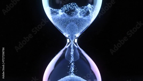 abstract glowing hourglass blue particles time flow concept