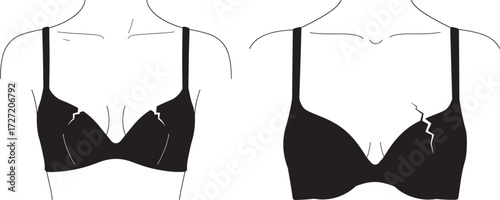 Two black lace bras hanging on hangers silhouette