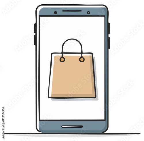 Smartphone screen showing shopping bag illustration. Online retail therapy concept for e-commerce.