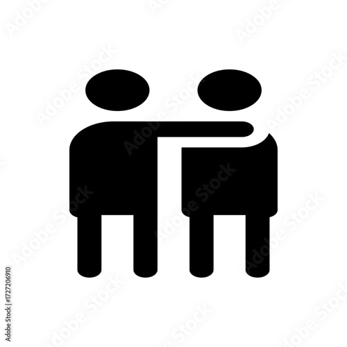 Two figures standing side by side with one figure having their arm around the other in black and white icon