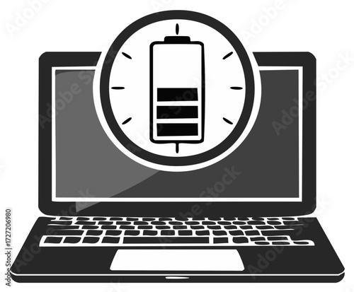 Laptop battery indicator showing partial charge with clock face overlay