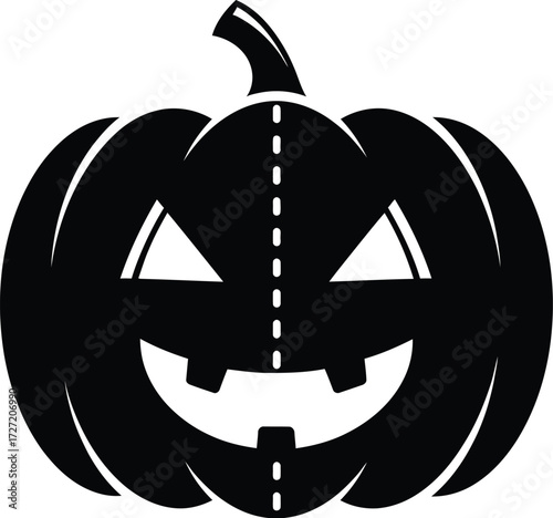 Black halloween pumpkin with a stitched seam and a spooky carved face