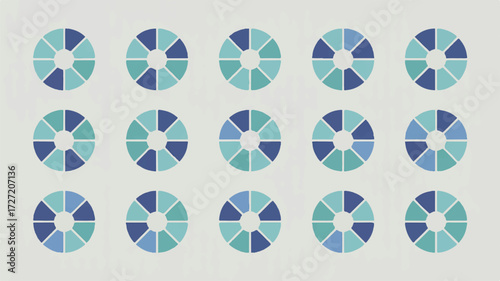 Fifteen circular diagrams with segmented sections in shades of blue and teal on a light gray background