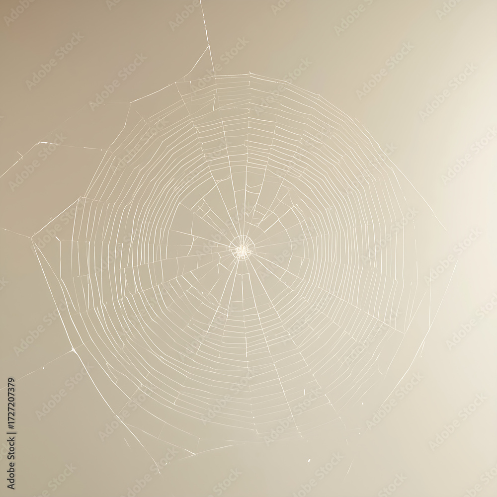 Obraz premium A delicate spider web with intricate strands, arranged in a circular pattern, stands out against a plain white background, showcasing its delicate and symmetrical design.