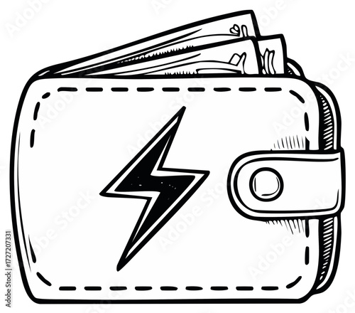 Wallet Icon Illustration with Lightning Bolt Symbol, Cash and Money