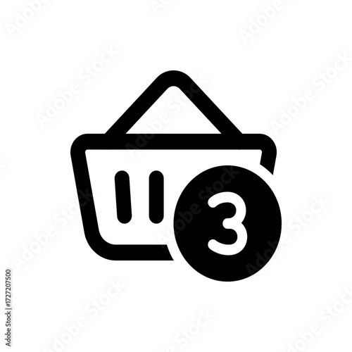 A simple black and white icon of a shopping basket with a circle displaying the number three overlayed