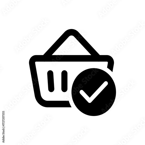 A black and white graphic of a shopping basket with a check mark indicating a completed purchase order