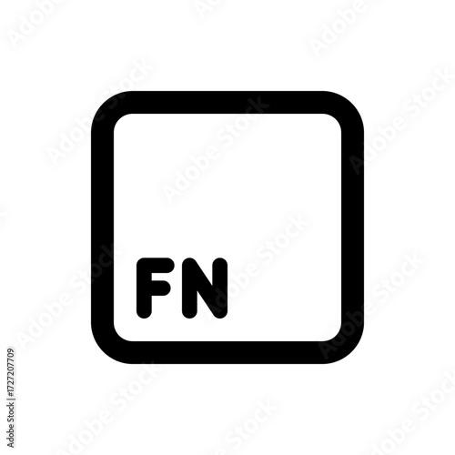 A black and white illustration of a keyboard key with the letters fn inside a rounded square shape icon key