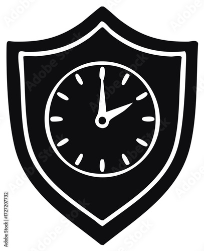Stylized shield with a clock face signifying protection and punctuality