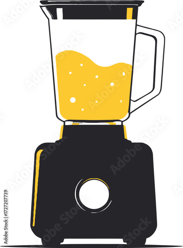 Kitchen Blender Vector Featuring Transparent Container with Yellow Liquid and Dial Base in Black Line Art Style