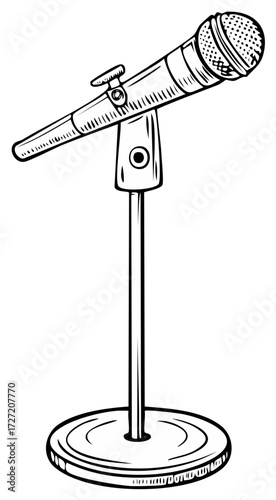 Hand Drawn Style Microphone Standing on Base for Audio Recording or Performance Equipment