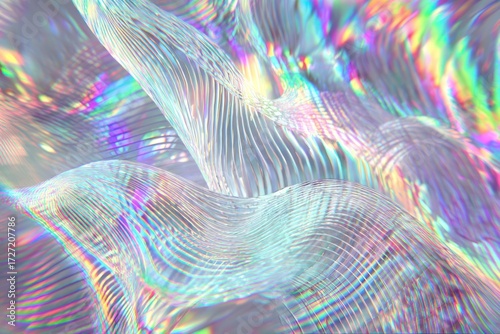 Abstract iridescent design with flowing, translucent lines and vibrant color reflections.