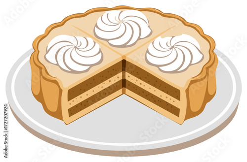Delicious layered cake with white cream swirls on a plate, cut into wedges, sweet dessert