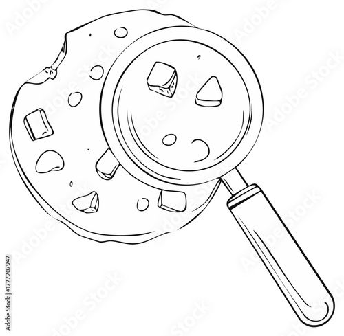 Magnifying glass inspecting cookie chunks and small circles