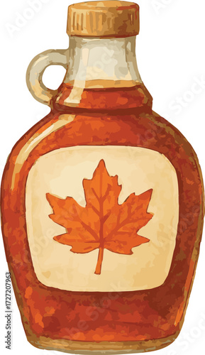Vector watercolor painted illustration of a bottle of maple syrup