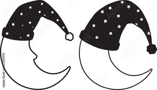 Two crescent moon characters wearing starry nightcaps silhouette