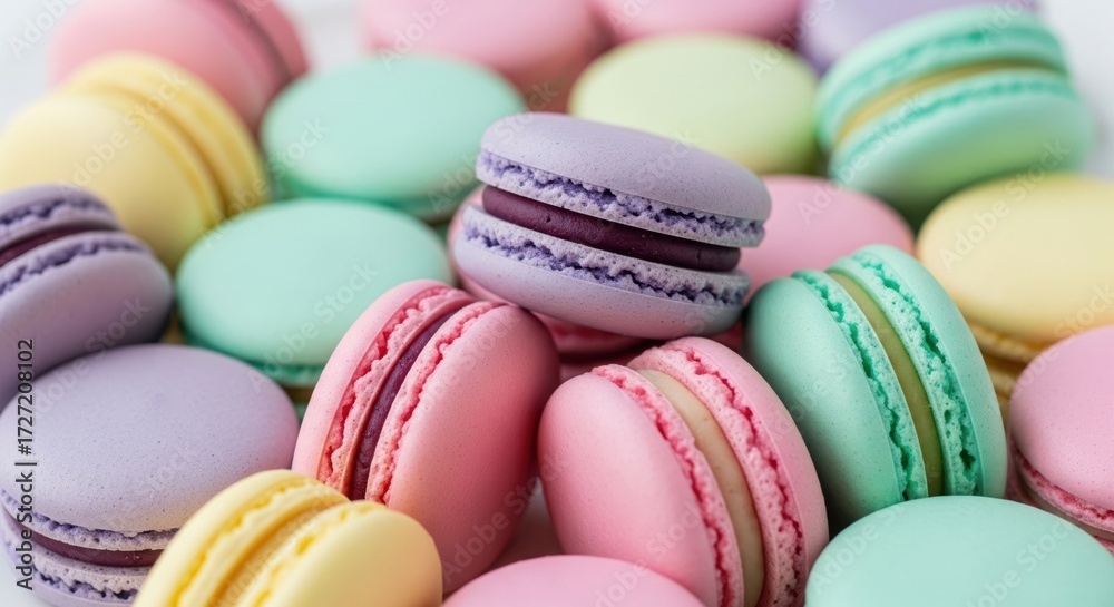 Fototapeta premium A close-up of a colorful assortment of macarons, representing desserts, sweets, French pastry, treats, and indulgence. Colorful Macarons