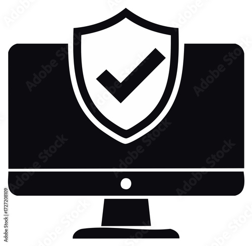 Cybersecurity icon with protected computer monitor and shield with checkmark for system security.