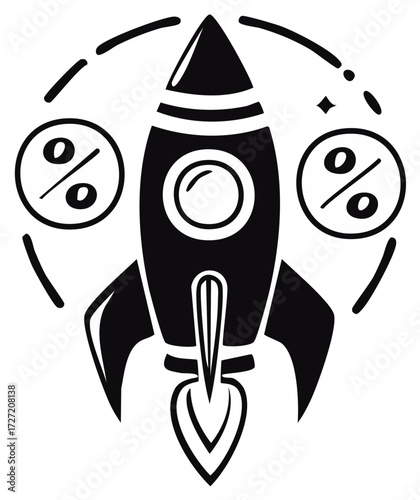 Rocket Ship Launching with Percentages, Symbolizing Rapid Sales Growth or Discount Offers, Set within Circular Design Element