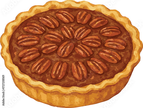 Vector watercolor painted illustration of a pecan pie