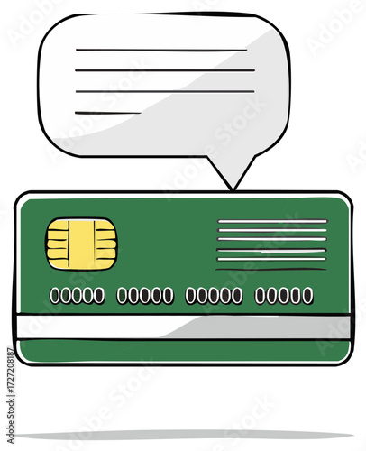 Green Credit Card with a Speech Bubble Above Suggesting Financial Discussion or Transaction