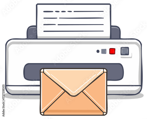 Office printer delivering an important paper document and sending a sealed envelope mail