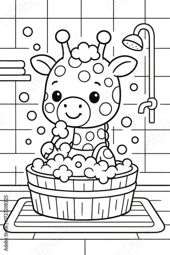 Cute giraffe taking a bubble bath in a wooden tub illustration art