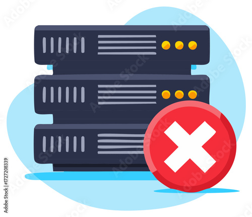 Server failure icon with red cross symbol illustrating system error or hosting down