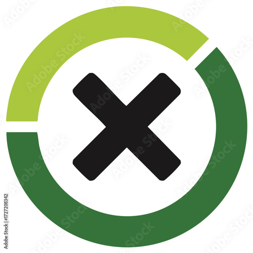Modern flat vector icon of a black X mark inside a two tone green circular frame for rejection or cancellation