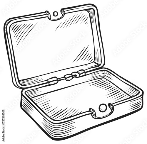 Open vintage metal case with engraved details and hinge mechanism