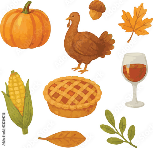 Collection of vector watercolor painted thanksgiving stuff such as turkey, pumpkin, apple pie, autumn leaves and more