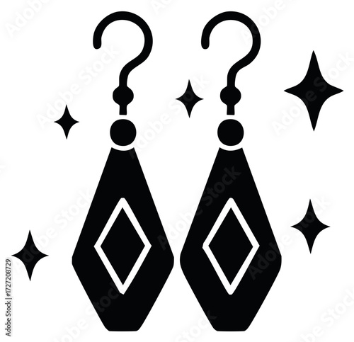 Stylized Diamond Shape Earrings With Question Mark Hooks And Sparkle Accents