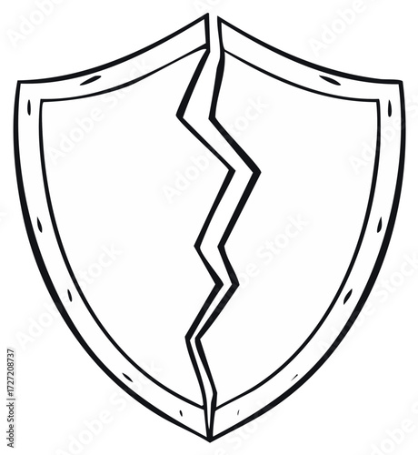 Cracked Line Art Shield Divided Vertically Symbolizing Damage and Weakness in Simple Graphic Design