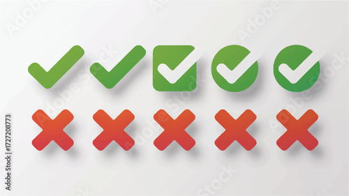 Rows of green check marks and red crosses with subtle shadows on a light gray background correct incorrect