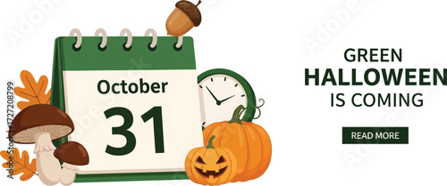 Green halloween is coming with october 31st calendar and pumpkin illustration