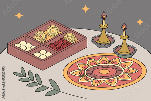  hindu festival elements, puja tray with colorful flowers, candles, indian sweets, decorative diyas, brass idols, diwali or ganesh chaturthi celebrations, intricate rangoli patterns, vibrant colors a
