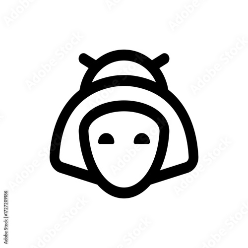 A simple black and white line drawing of a geisha with traditional hairstyle and minimalist facial features