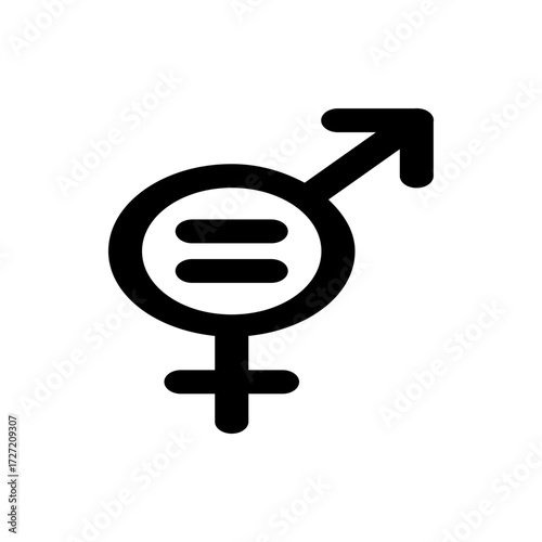 A black and white gender equality symbol featuring both male and female icons with an equal sign inside