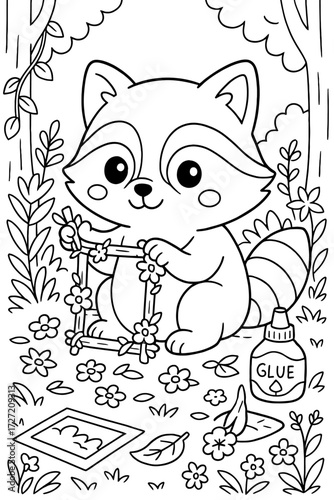 Cute raccoon crafting a floral frame in a whimsical woodland scene drawing