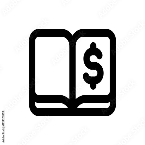 A simple black and white icon depicting an open book with a dollar sign on the right page illustration