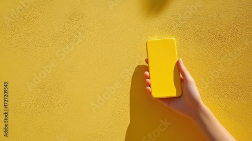 Yellow smartphone in hand against yellow wall background