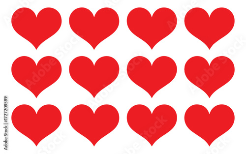 Twelve Red Heart Shapes Arranged in Three Rows on a White Background hearts love