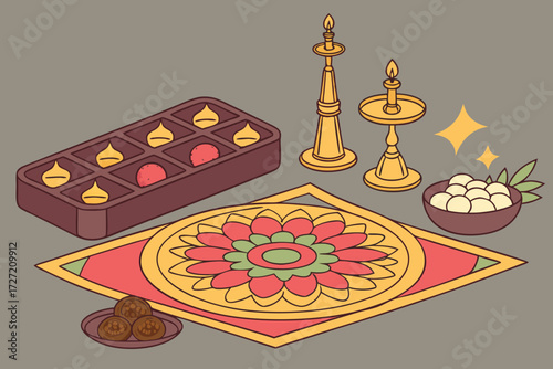  hindu festival elements, puja tray with colorful flowers, candles, indian sweets, decorative diyas, brass idols, diwali or ganesh chaturthi celebrations, intricate rangoli patterns, vibrant colors a