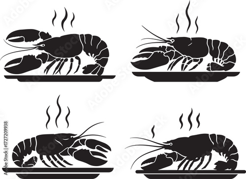 Four hot steaming lobster silhouettes on plates seafood dinner silhouette