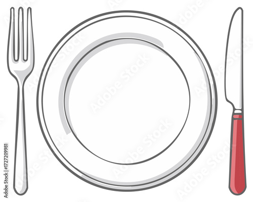 Clean plate with fork and knife set up for a meal